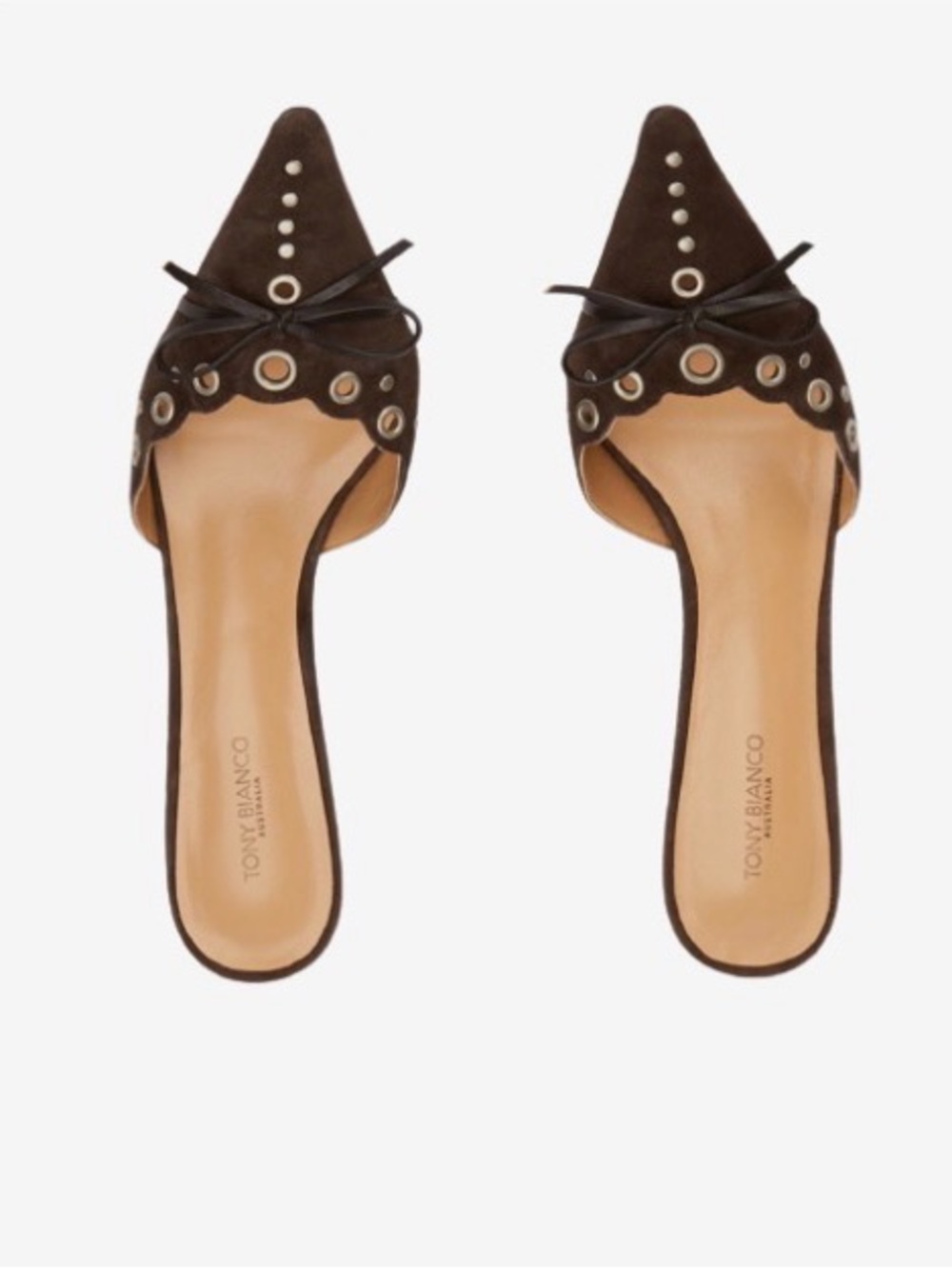 Tony Bianco Dark Brown Suede Pointed-Toe Slide Mules with Grommet Detail